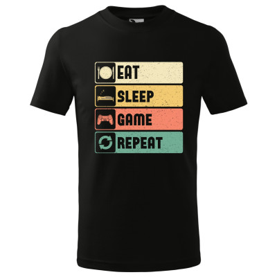 Tricou pentru copii "EAT SLEEP GAME REPEAT", imprimeu pe fata, bumbac 100%, 160 grame, model 2