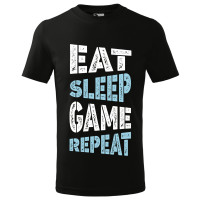 Tricou pentru barbati, design de tip text "EAT SLEEP GAME REPEAT", imprimeu pe fata, bumbac 100%, 160 grame